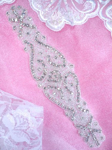 XR348 Victorian Silver Beaded Crystal Rhinestone Applique Sewing Patch Motif  8.5