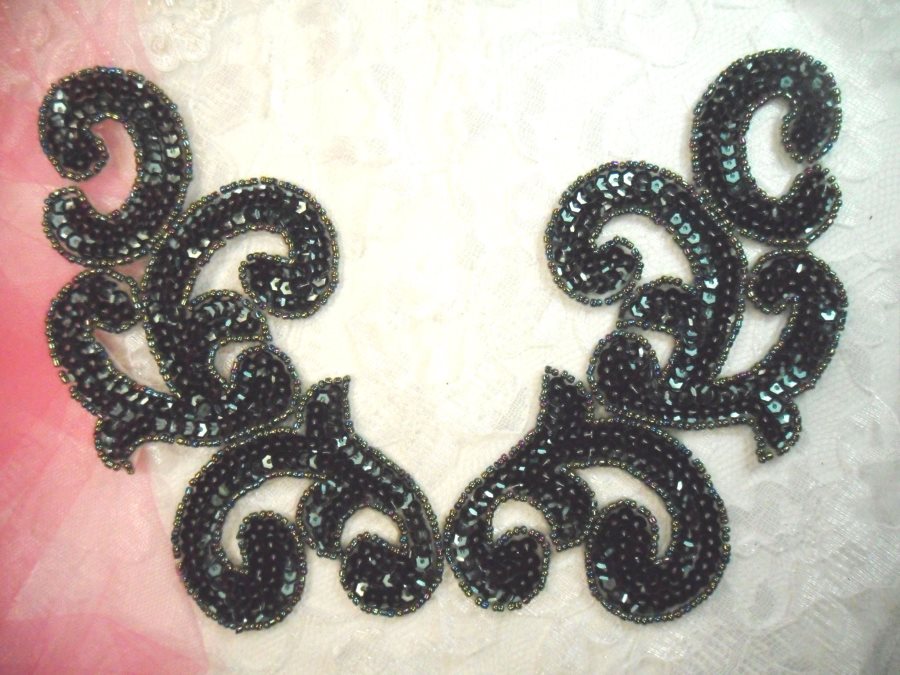 Sequin Appliques Evergreen Scroll Designer Beaded Iron On Hot Fix Mirror Pair 7 (XR357X)