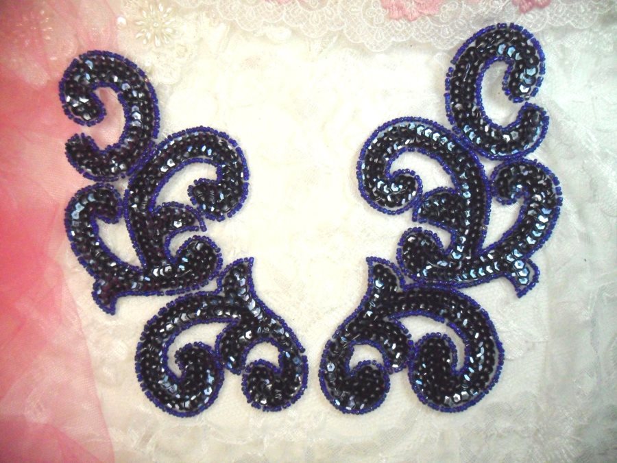 Sequin Appliques Navy Blue Scroll Designer Beaded Iron On Hot Fix Mirror Pair 7 (XR357X)