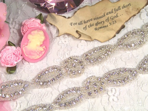 XR36  Floral Silver Beaded Rhinestone Trim 1\
