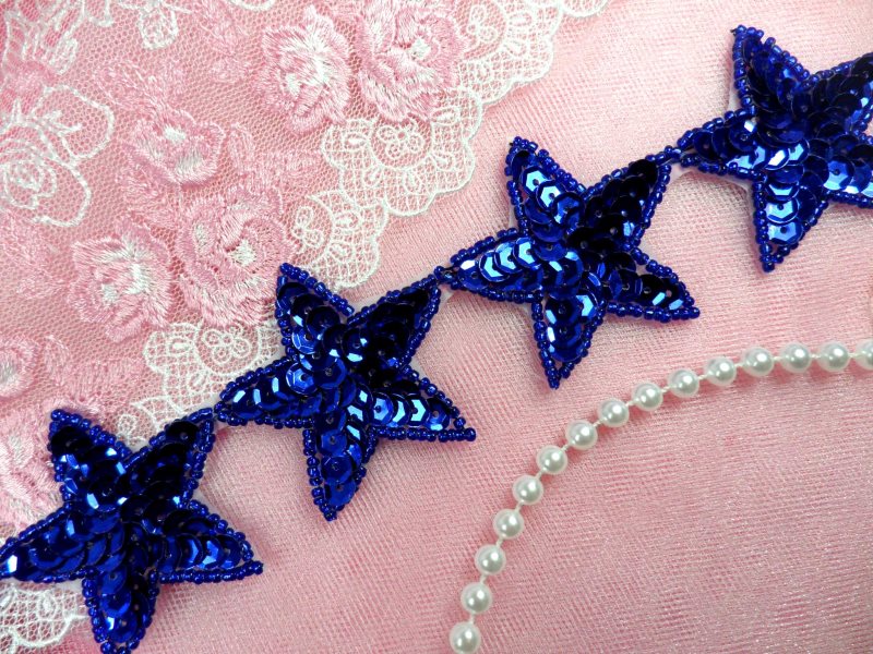 Star Trim Blue Sequin Beaded Iron On 2 Banding (XR360-bl)