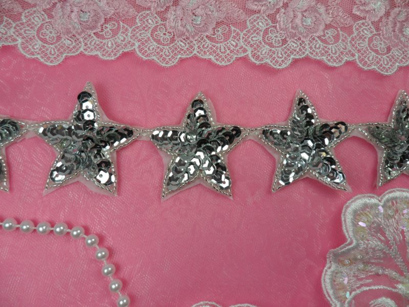 Star Trim Silver Sequin Beaded Iron On 2 Banding (XR360-sl)