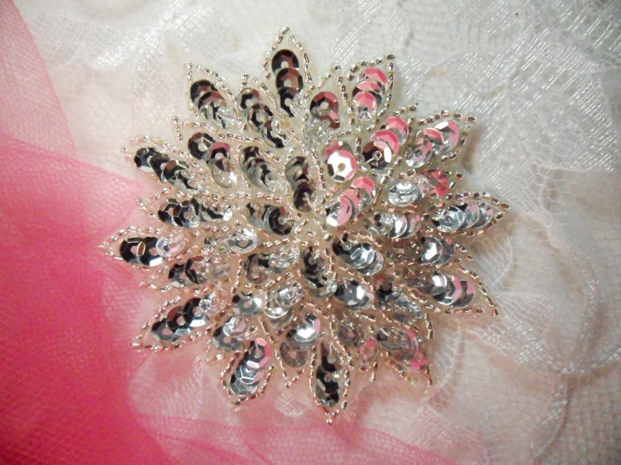 Silver Sequin Applique Floral Beaded Iron on Patch 3 (XR364)
