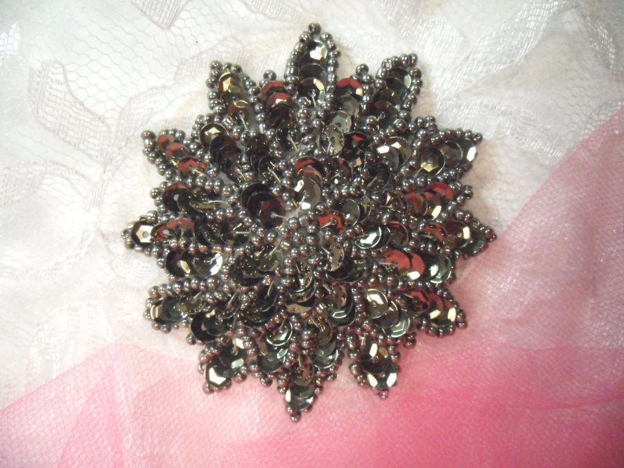 Gunmetal Sequin Applique Floral Beaded Iron on Patch 3 (XR364)