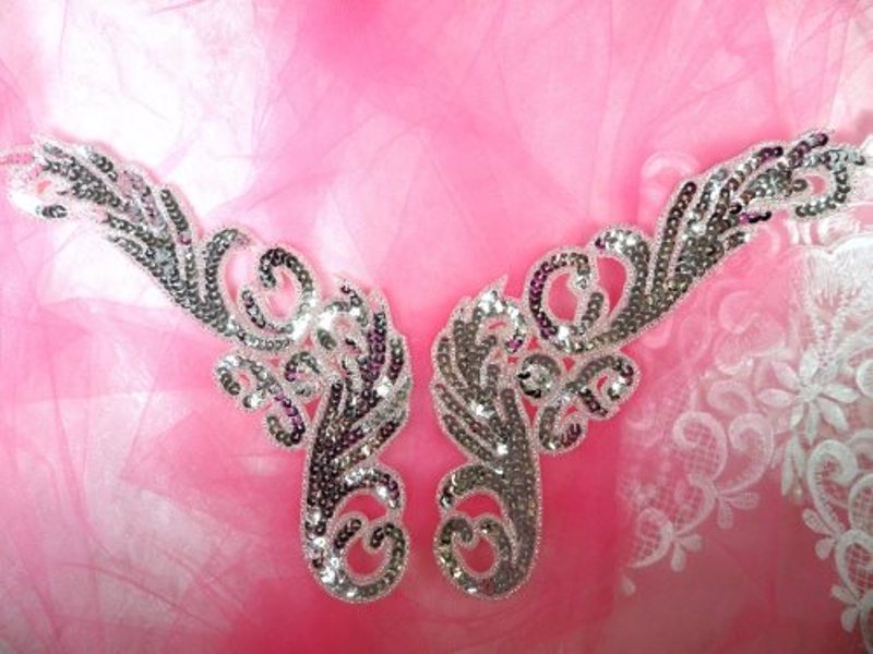 Sequin Appliques Silver Beaded Mirror Pair Dance Costume Patch 9 XR382X