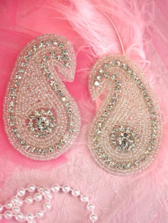 XR42  Paisley Glass Crystal Mirror Pair Beaded Rhinestone Appliques 3.25\