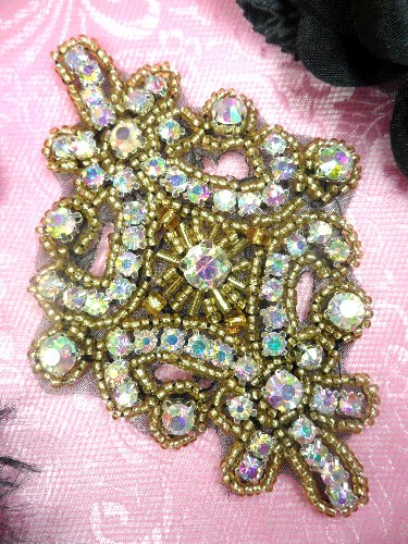 XR5  Gold W/ Black Backing Aurora Borealis Glory Crystal AB Gold Beaded Applique 4