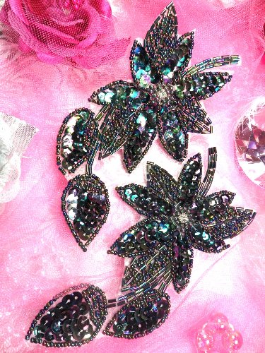 XR51 Peacock Aurora Borealis Black AB Floral Mirror Pair Beaded Sequin Appliques 6
