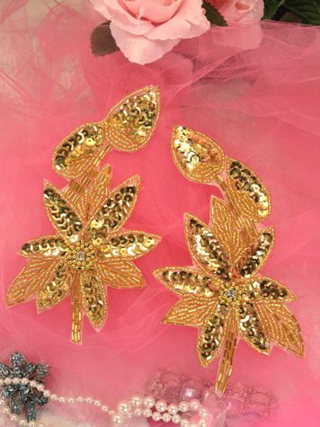 XR51 Sequin Appliques Gold Floral Beaded Mirror Pair Iron On Dance Patch Motifs 6