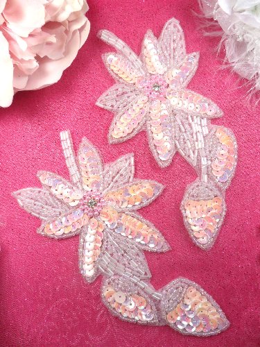 XR51 Light Pink Crystal Aurora Borealis AB Floral Mirror Pair Beaded Sequin Appliques 6\