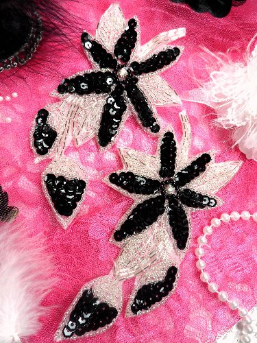 XR51 Black Silver Floral Mirror Pair Beaded Sequin Appliques 6