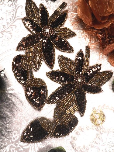 XR51 Bronze Floral Mirror Pair Beaded Sequin Appliques 6