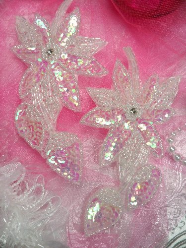 XR51 Crystal Aurora Borealis AB Floral Mirror Pair Beaded Sequin Appliques 6