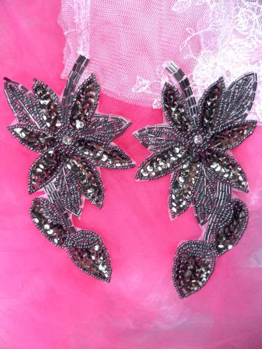XR51  Smoke Floral Mirror Pair Beaded Sequin Rhinestone Centered Appliques 6