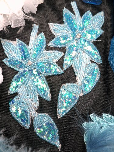 XR51 Turquoise Crystal AB Floral Mirror Pair Beaded Sequin Appliques 6