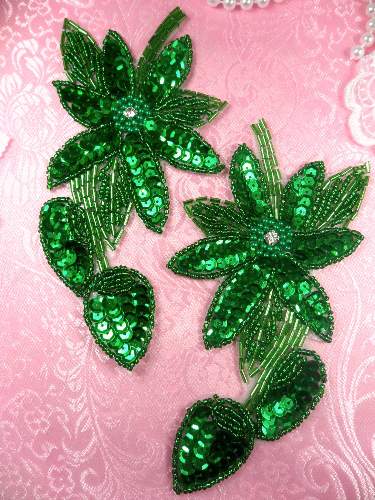 XR51  Kelly Green Floral Mirror Pair Beaded Sequin Rhinestone Centered Appliques 6