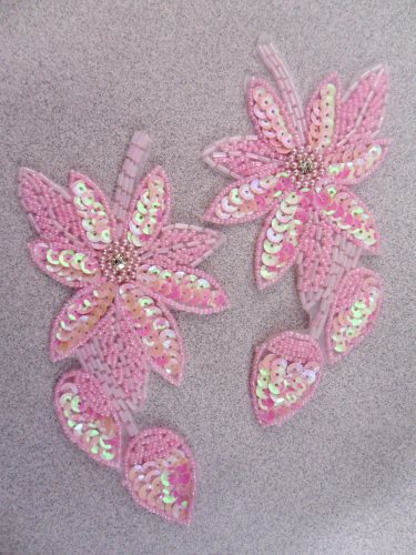 XR51 Pink Aurora Borealis AB Floral Mirror Pair Beaded Sequin Appliques 6