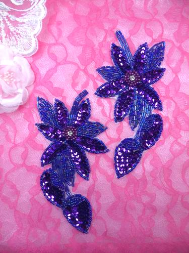 XR51 Purple Floral Mirror Pair Beaded Sequin Rhinestone Centered Appliques 6