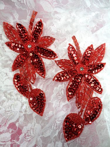 XR51 Appliques Red Floral Mirror Pair Beaded Sequin 6