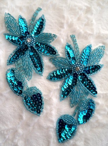 XR51 Turquoise Floral Mirror Pair Beaded Sequin Appliques 6