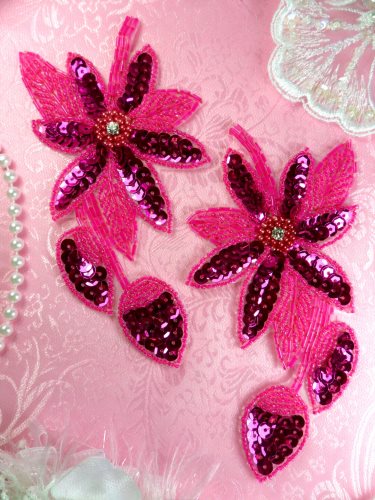 XR51 Sequin Rhinestone Centered Appliques Fuchsia Floral Beaded Mirror Pair 6
