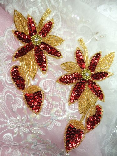 XR51 Appliques Red Gold Floral Mirror Pair Beaded Sequin  6