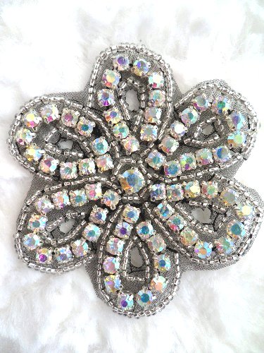 XR65 Black Backing Crystal AB Aurora Borealis Floral Silver Beaded Rhinestone Applique 2.75\ Hot Fix Iron on