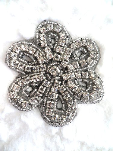 XR65 Black Backing Floral Silver Beaded Crystal Rhinestone Applique 2.75\ Hot Fix Iron on