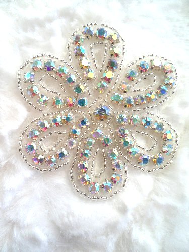 XR65 Crystal AB Aurora Borealis Floral Silver Beaded Rhinestone Applique 2.75\ Hot Fix Iron on