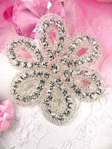 XR65 Crystal Clear Silver Beaded Floral Rhinestone Applique 2.75