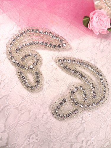 XR68 Crystal Clear Silver Beaded Rhinestone Appliques Mirror Pair 3\