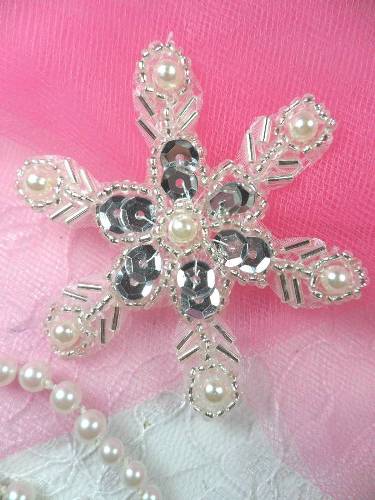 Silver Pearl Snowflake Beaded Sequin Applique 2.5 JB125