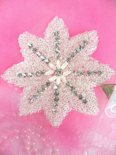 XR77 Silver Beaded W/ Pearls Floral Crystal Rhinestone Applique 3.5