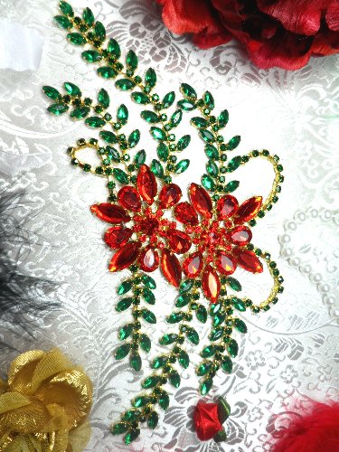 XR83 Poinsettia Christmas Rhinestone Applique Embellishment 9\ with Gold Backing