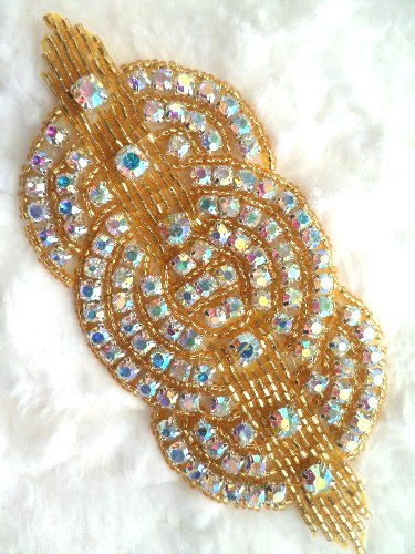 XR9 Applique Gold Beaded Crystal AB Rhinestones Triple Circle 4.75\