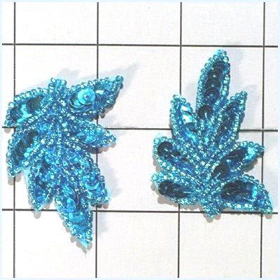 XR293 Leaf Appliques Sequin Turquoise Mirror Pair Beaded Motif 2\