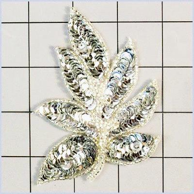 FS476 Leaf Applique Sequin Silver Beaded Motif 4\
