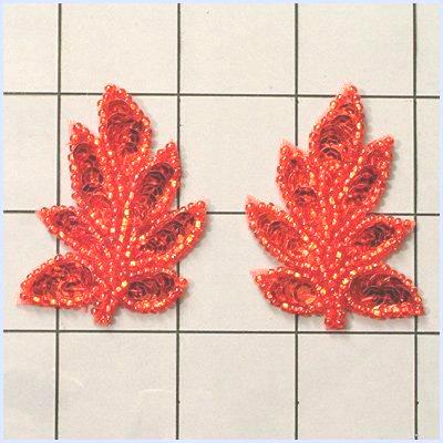 XR293 Leaf Appliques Sequin Red Mirror Pair Beaded Motif 2\