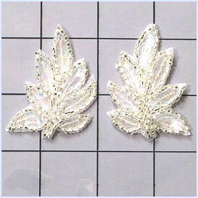 FS476S Leaf Appliques Sequin Crystal Iris Silver Mirror Pair Beaded Motif 2\