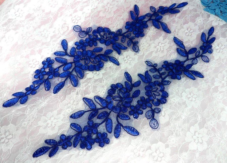 Designer Appliques Lace Embroidered Mirror Pair Blue Costume Patch DH128X
