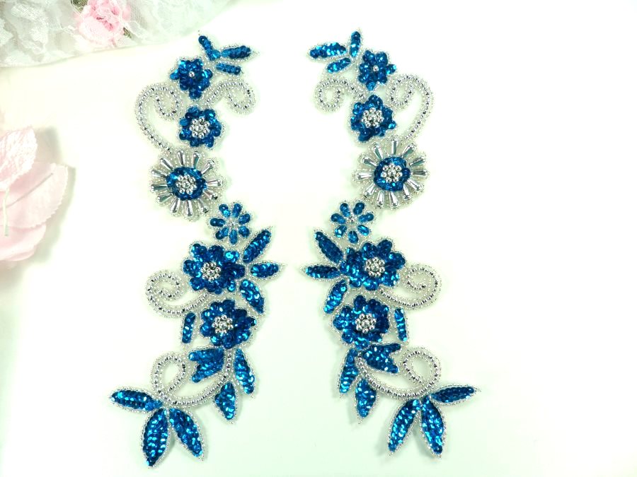 Mirror Pair Applique Deep Turquoise Silver Floral Sequin Beaded Patch 10 (0183X)