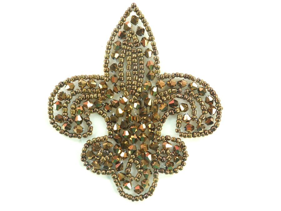 Fleur De Lis Bronze Beaded Applique Motif 3.5 JB95