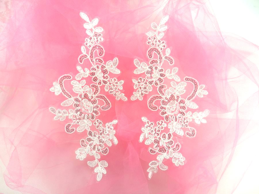 Embroidered Venice Lace Sequin Appliques White Floral Venice Lace Mirror Pair 9.5  DH123X
