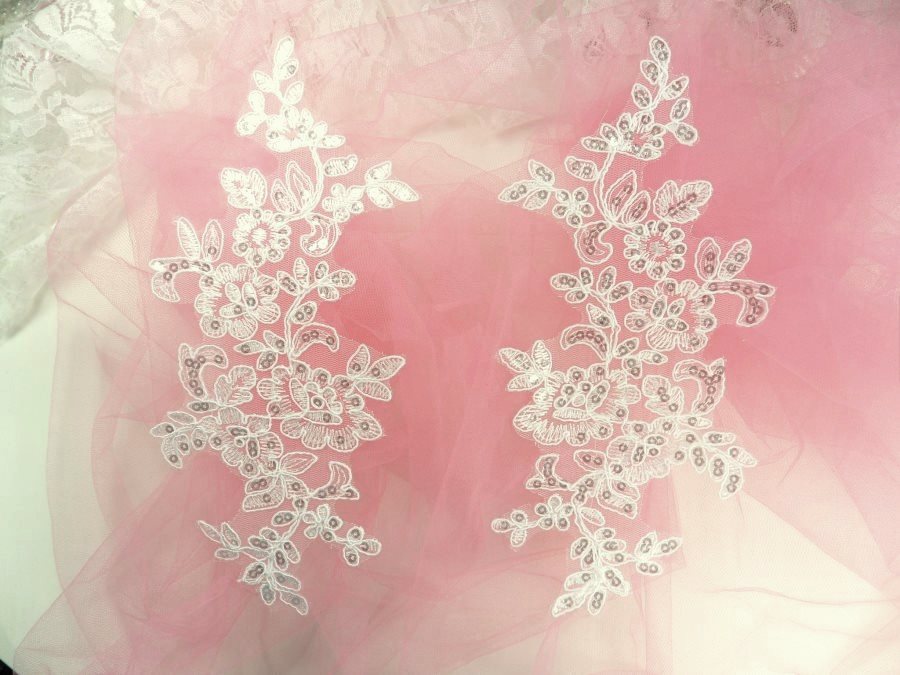 Embroidered Venice Lace Sequin Appliques Off White Floral Venice Lace Mirror Pair 10 (DH111X)