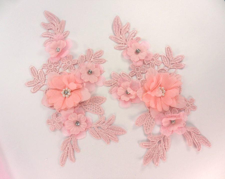 3D Embroidered Silk Appliques Pink Floral Mirror Pair With Rhinestones 8 F69X