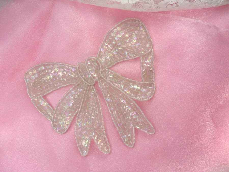 Crystal AB Large Bow Sequin Beaded Applique 6.75