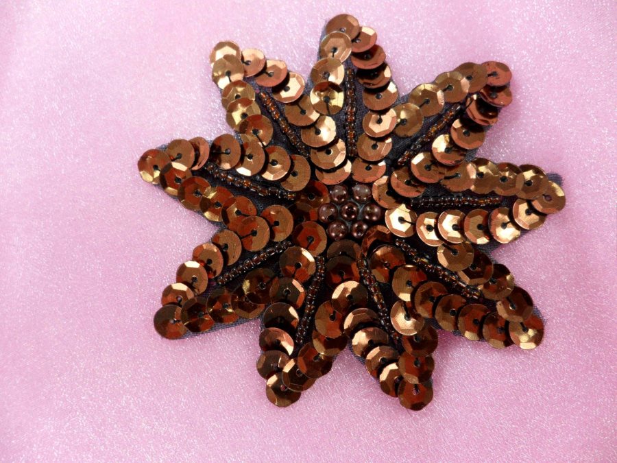 Flower Applique Bronze Brown Sequin Beaded Patch 3 F33