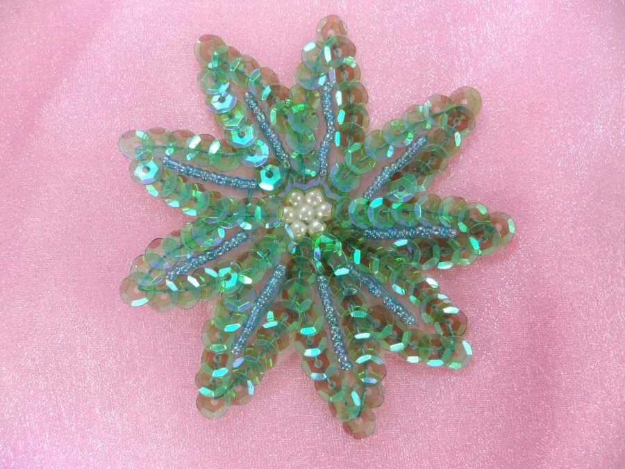 Flower Applique Teal AB Sequin Beaded Patch 3 F33