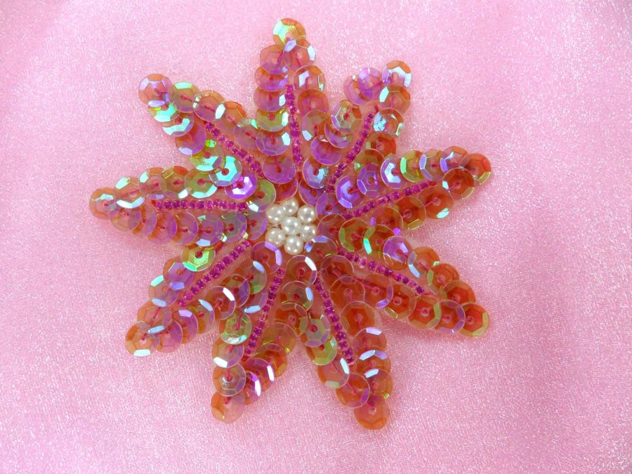 Flower Applique Fuchsia AB Sequin Beaded Patch 3 F33
