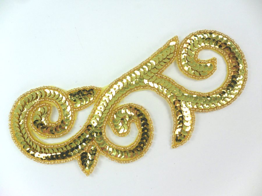 Gold Scroll Sequin Beaded Applique 6.5 F59